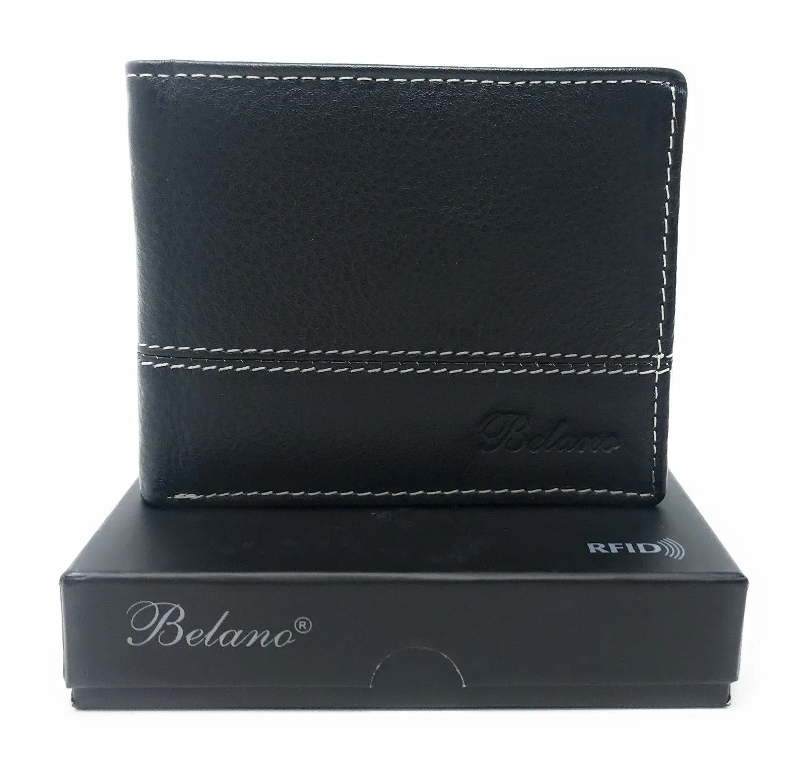 Belano RFID Blocking Real Leather Bifold Wallets for Cards ID with Box Men Women