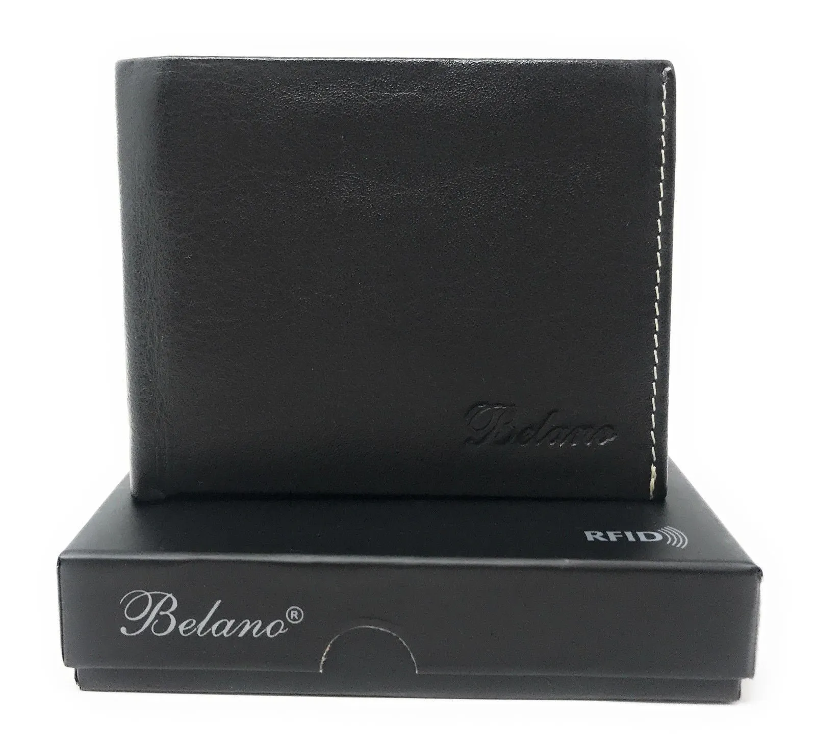 Belano RFID Blocking Real Leather Bifold Wallets for Cards ID with Box Men Women