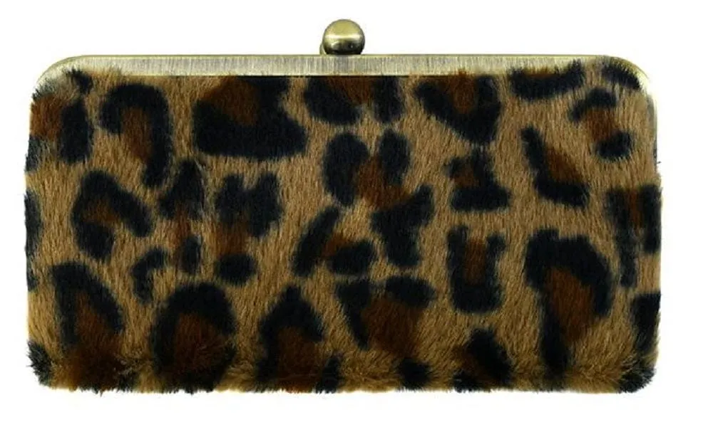 BP208LF Leopard Faux Fur Kiss Lock Clutch