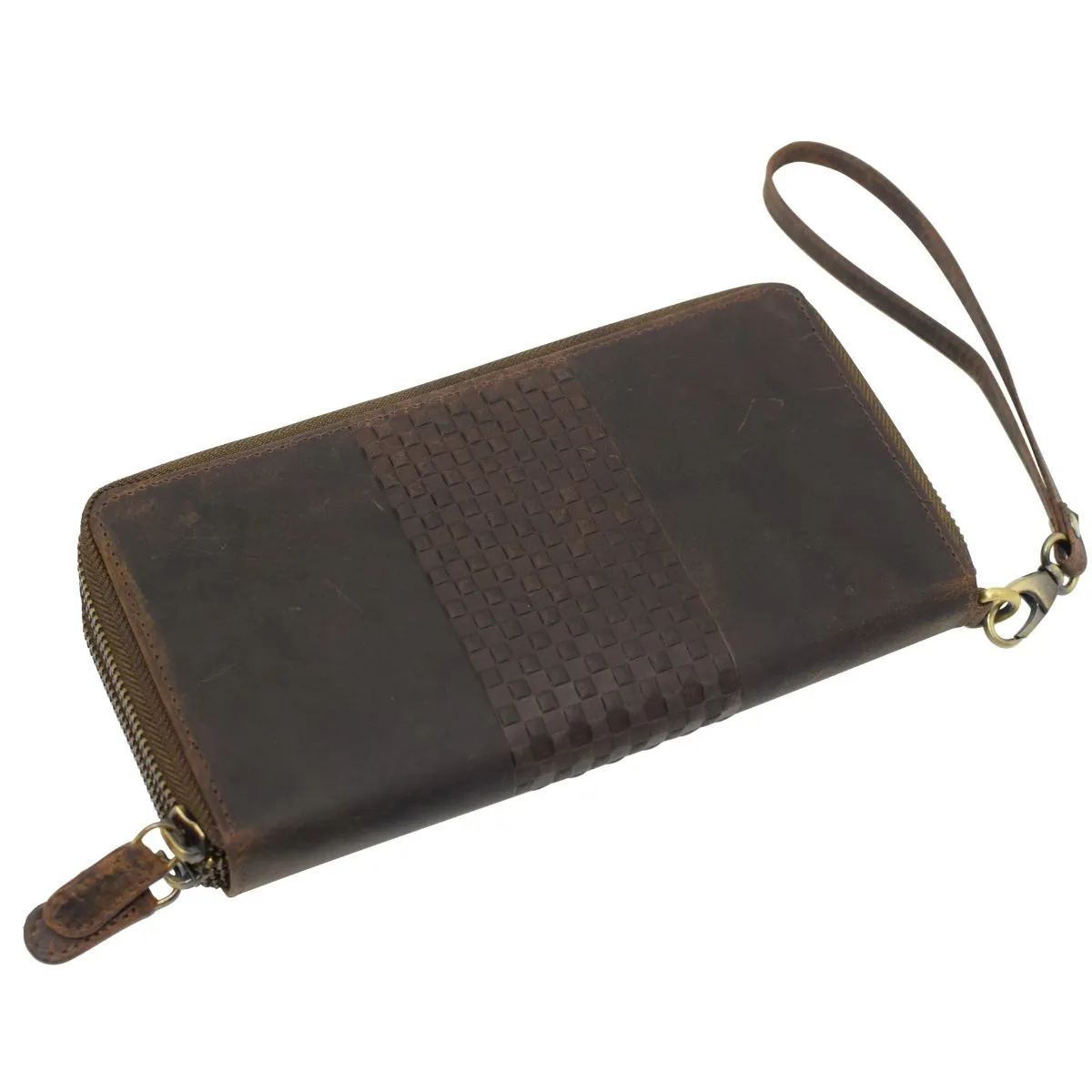 Double Zipper Rustic Leather RFID Vintage Wristlet Wallet For Women