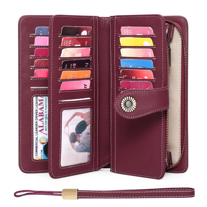 Genuine Leather RFID Blocking Wristlet Wallets-Large Capacity Trifold Wallet