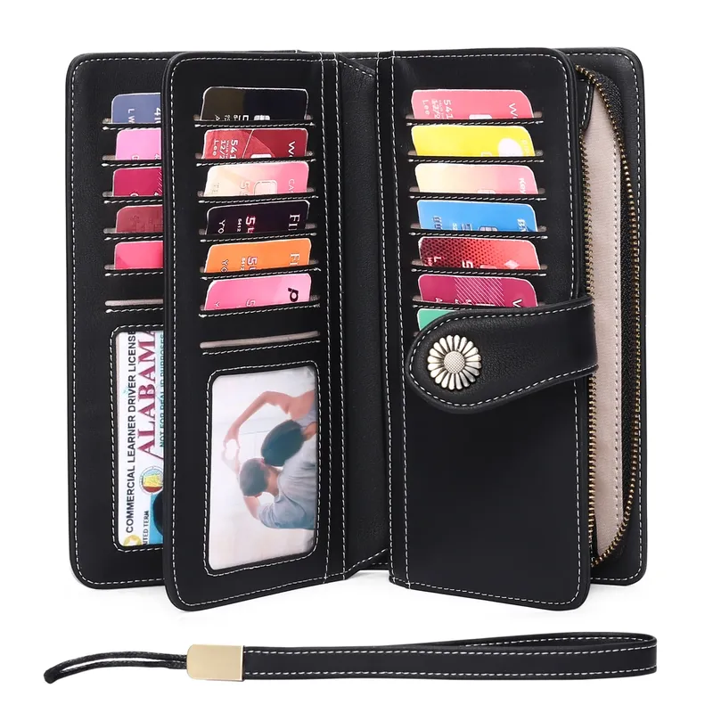 Genuine Leather RFID Blocking Wristlet Wallets-Large Capacity Trifold Wallet