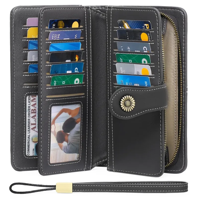 Genuine Leather RFID Blocking Wristlet Wallets-Large Capacity Trifold Wallet