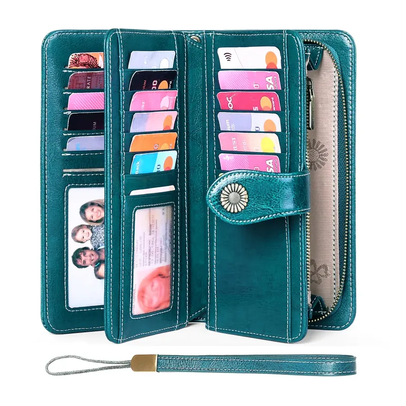 Genuine Leather RFID Blocking Wristlet Wallets-Large Capacity Trifold Wallet