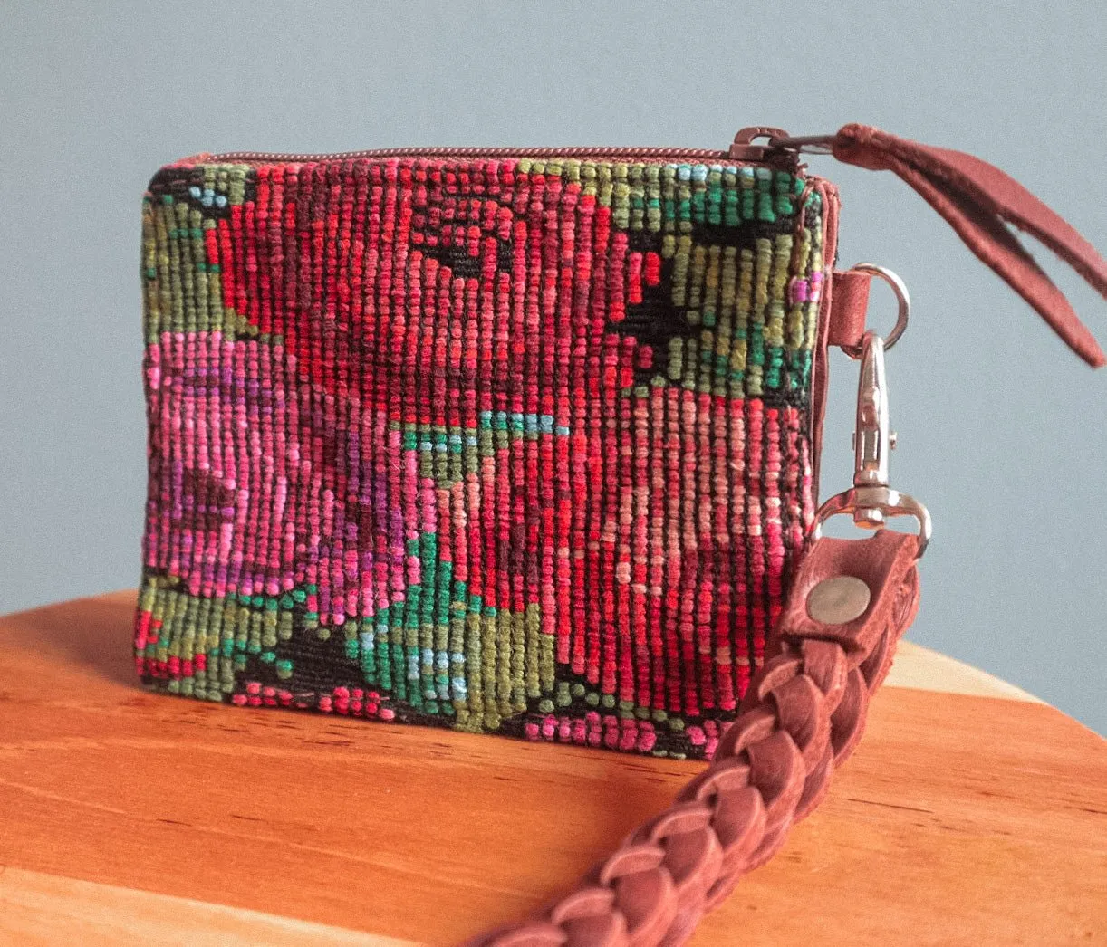 Handmade Huipil Leather Wallet Wristlet - Guatemalan Fair Trade Accessory