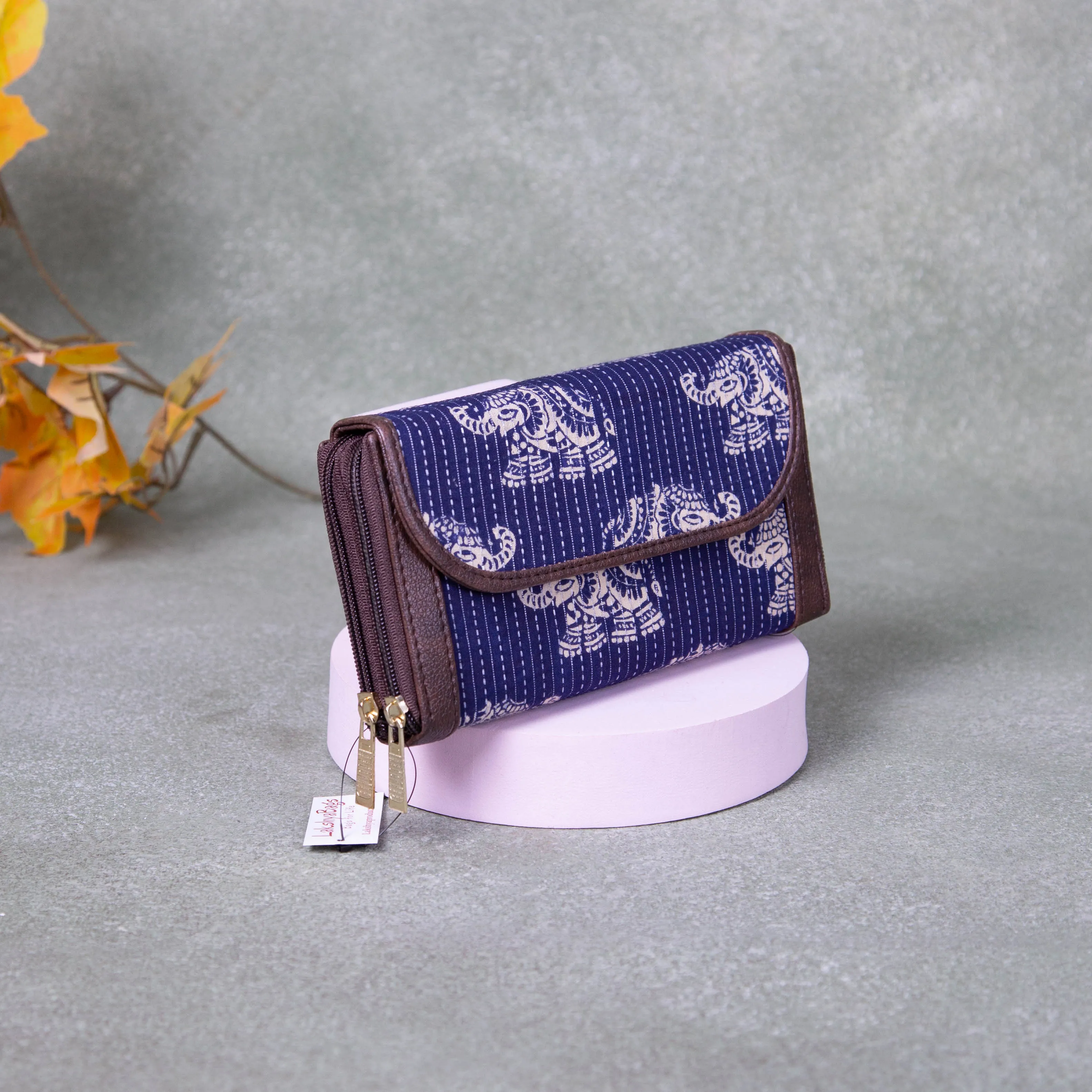 Handmade Wallets -  Dual Zip Blue Flower Design