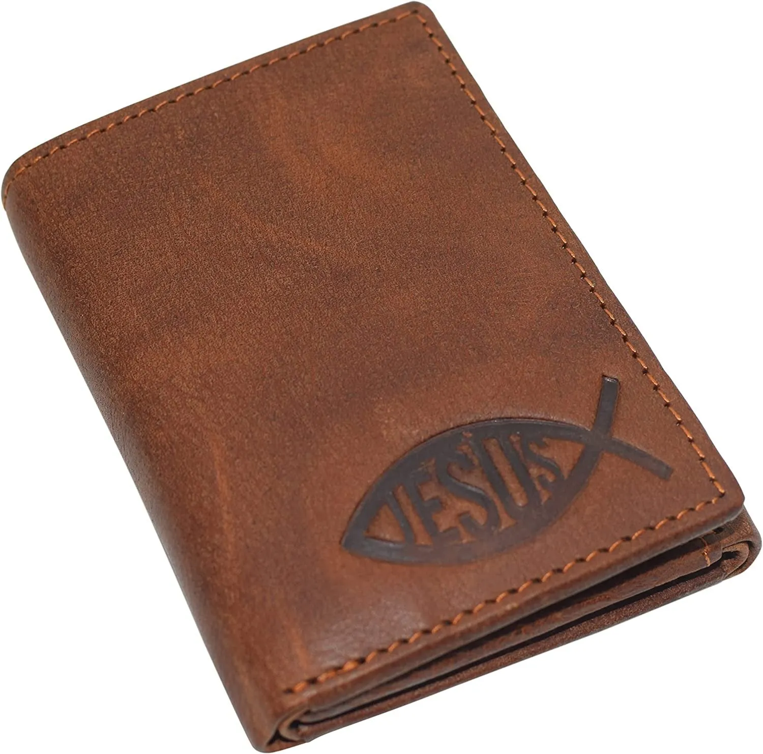 Jesus Fish Men's RFID Blocking Genuine Leather Bifold Trifold Ichthys Wallet (Bifold)