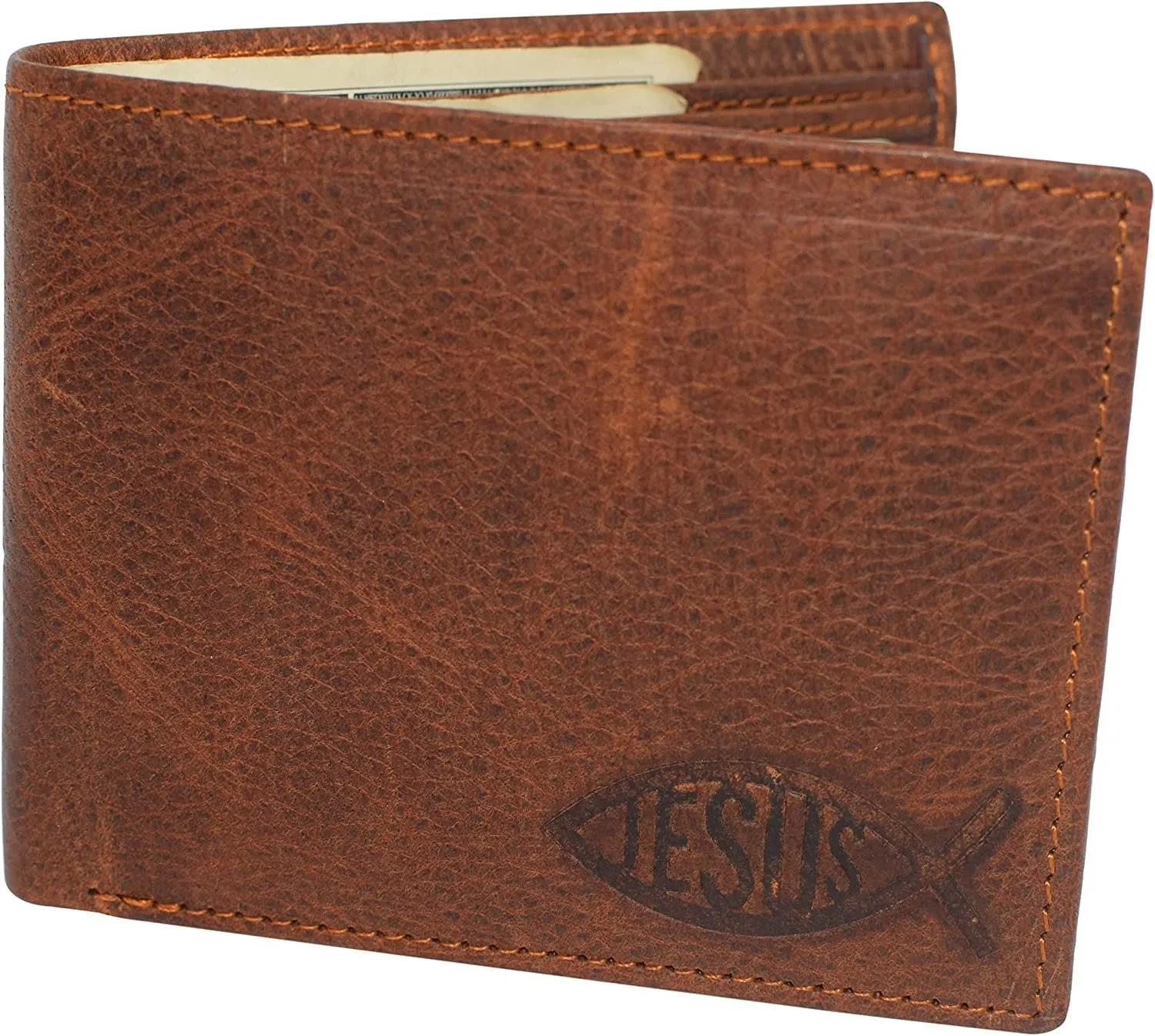 Jesus Fish Men's RFID Blocking Genuine Leather Bifold Trifold Ichthys Wallet (Bifold)