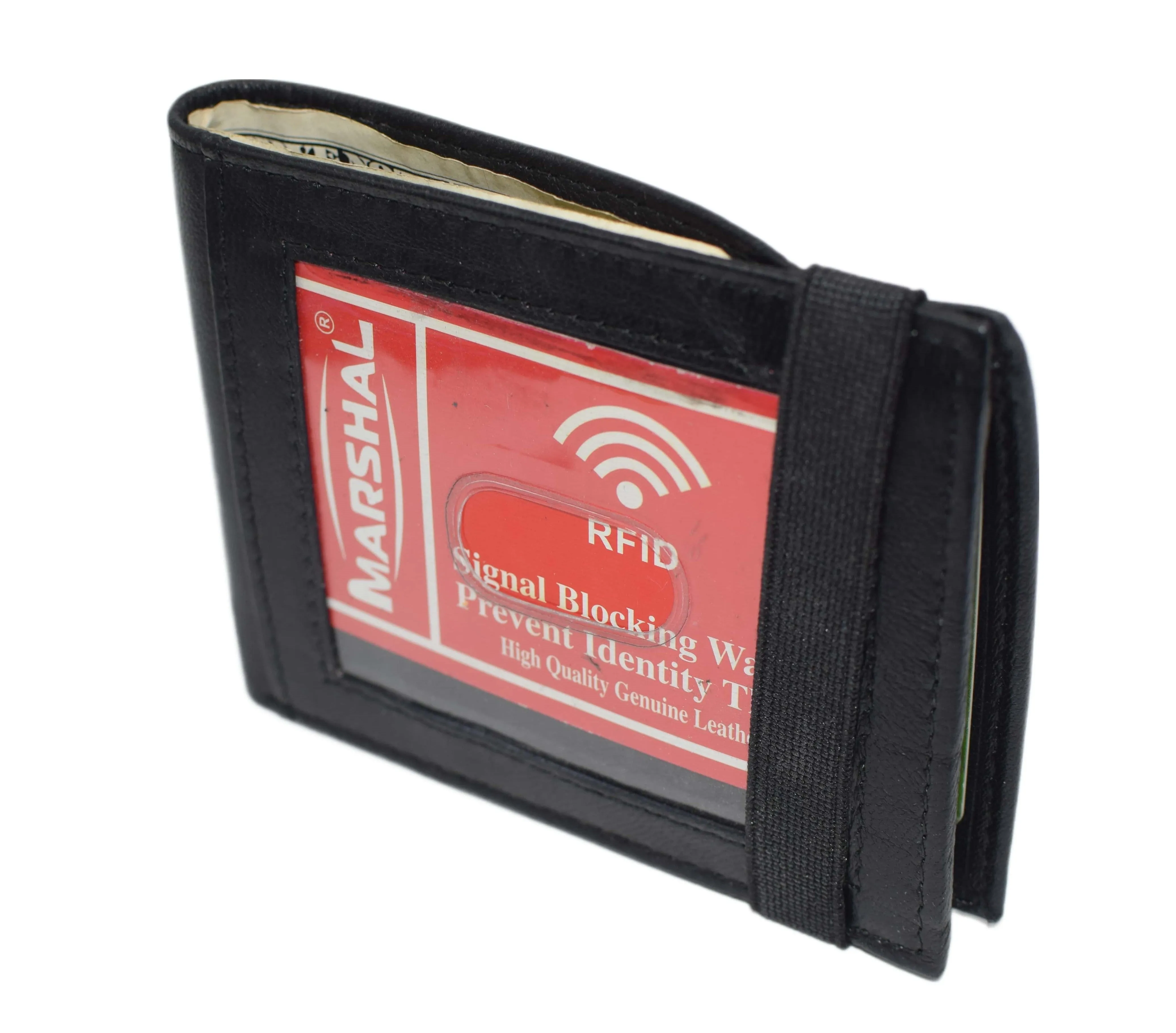 Marshal Genuine Leather Slim Bifold Exterior ID Card Holder Wallet with Elastic Band Closure