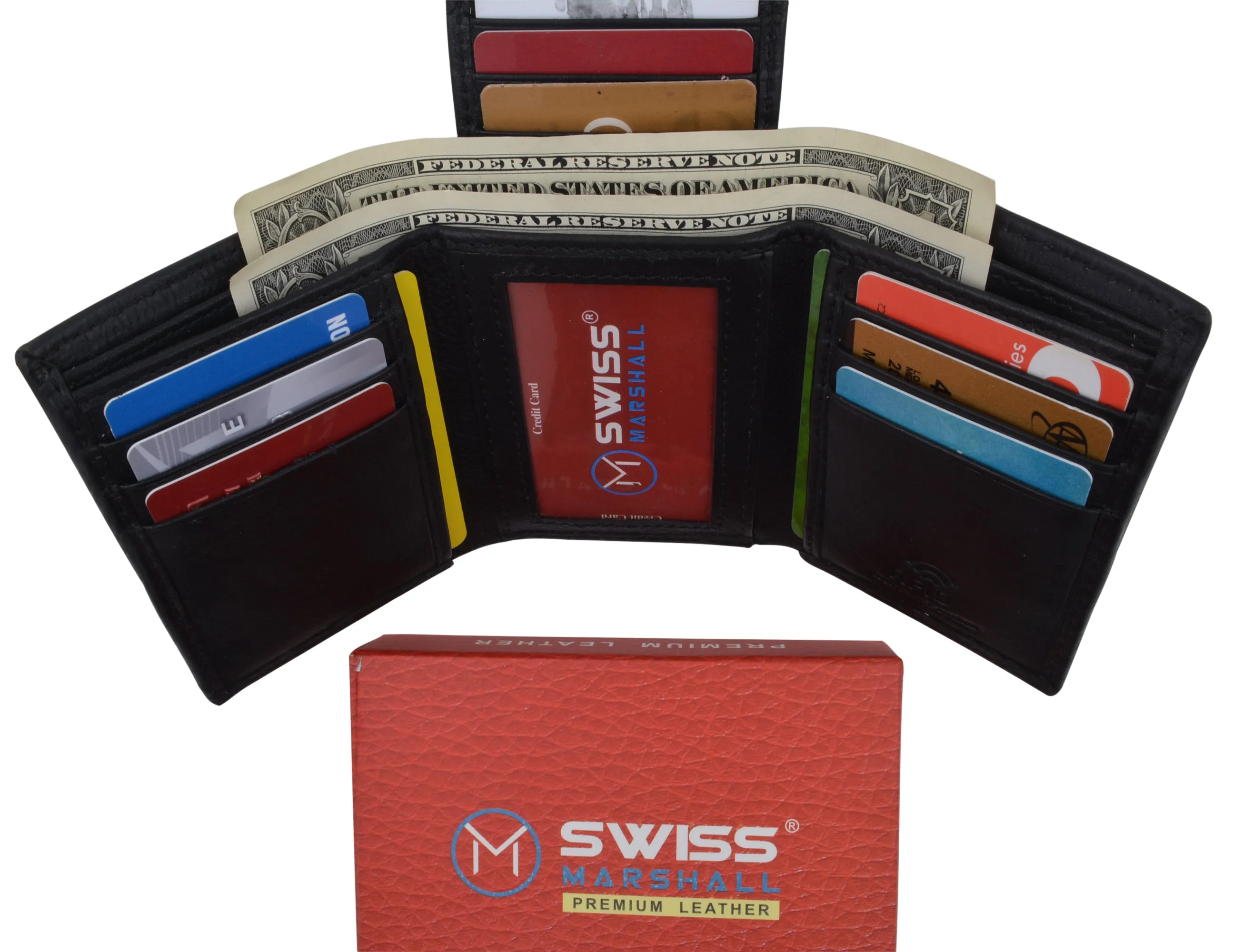 Men's Wallet RFID Genuine Leather Trifold with ID Window and Removable Card Slots