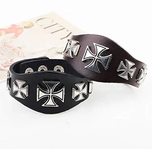 Mens Wide Leather Bracelet Cross Punk Rock Biker Adjustable Clasp Black