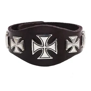 Mens Wide Leather Bracelet Cross Punk Rock Biker Adjustable Clasp Black