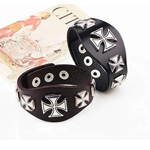 Mens Wide Leather Bracelet Cross Punk Rock Biker Adjustable Clasp Black