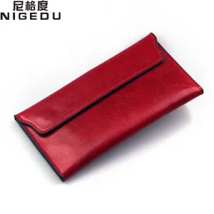 NIGEDU Brand Genuine Leather Women Wallet Long thin Purse Cowhide multiple Cards Holder Clutch bag Fashion Standard Wallet