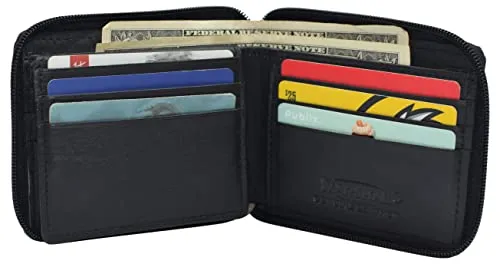 RFID Blocking Mens Zip Around Wallet Cowhide Leather Zipper Bifold