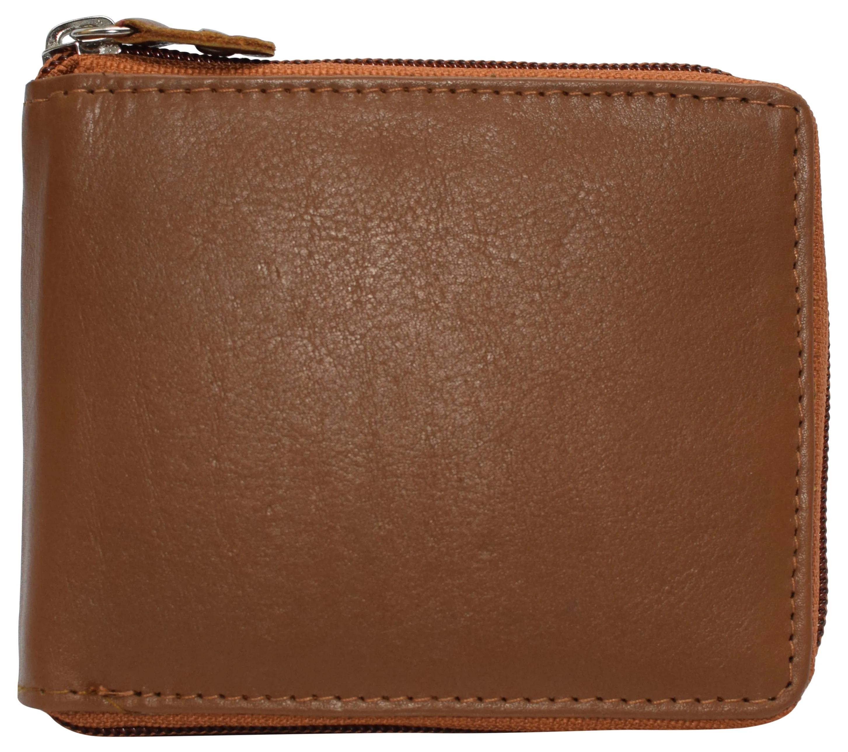 RFID Blocking Mens Zip Around Wallet Cowhide Leather Zipper Bifold