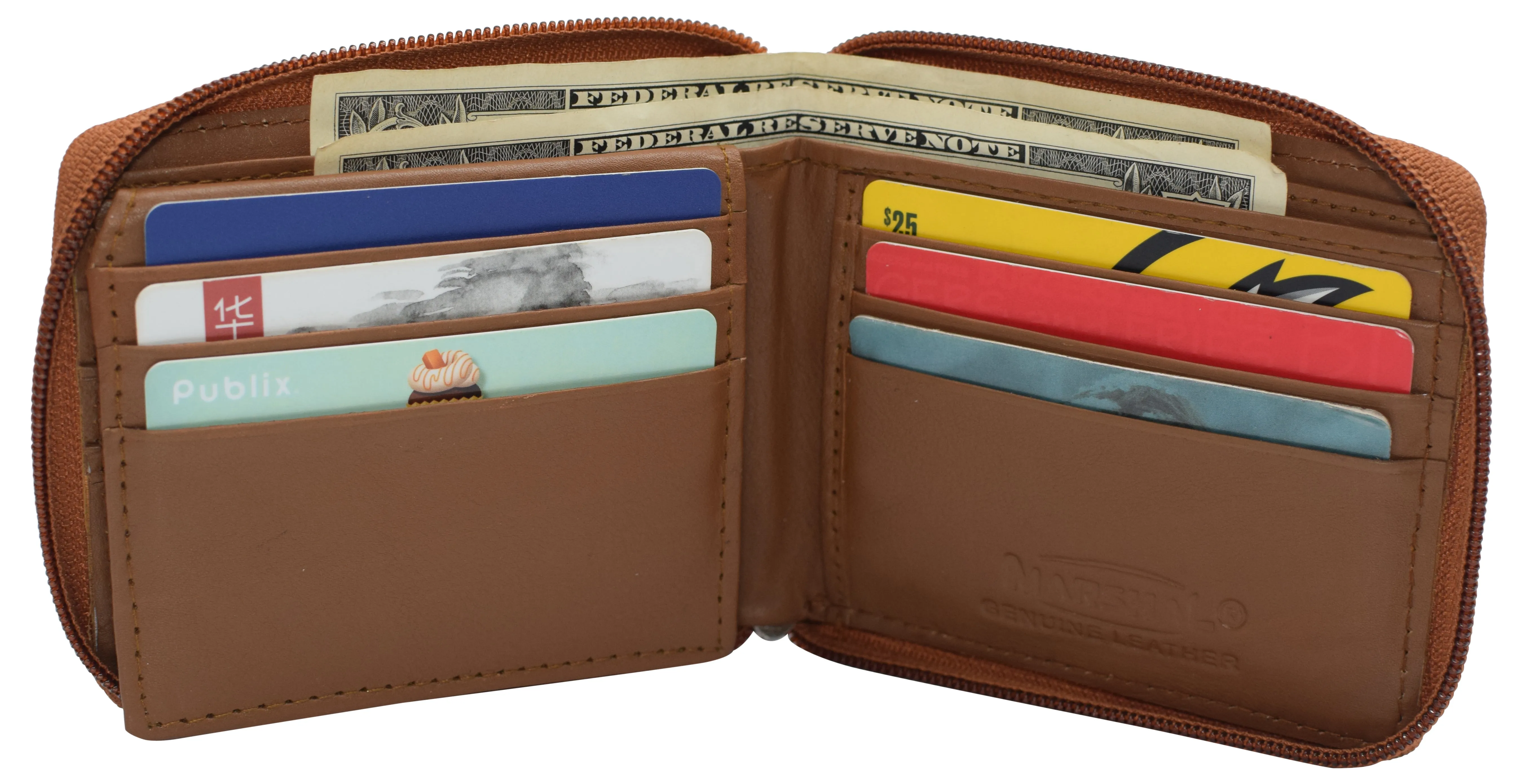 RFID Blocking Mens Zip Around Wallet Cowhide Leather Zipper Bifold