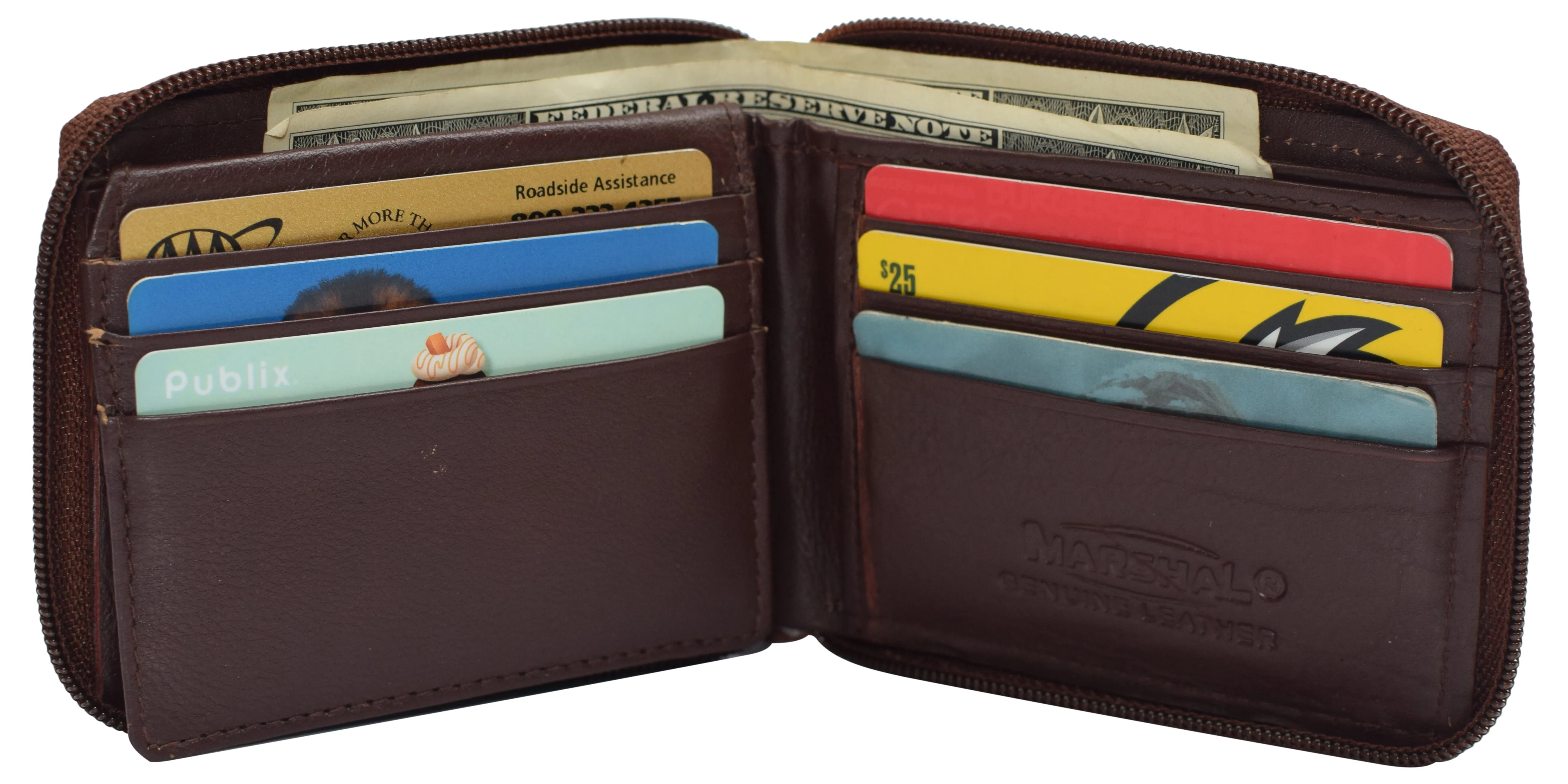 RFID Blocking Mens Zip Around Wallet Cowhide Leather Zipper Bifold