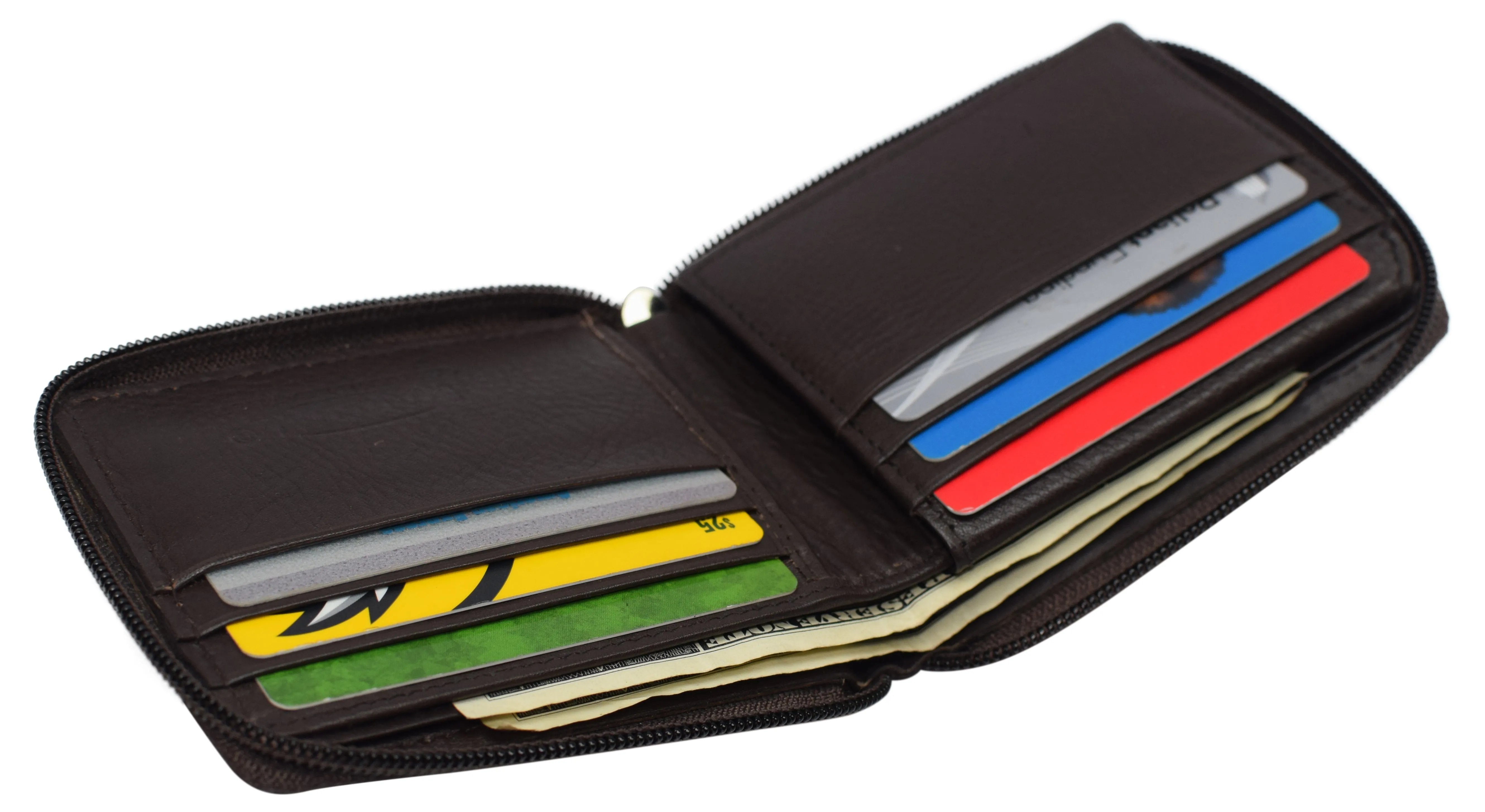 RFID Blocking Mens Zip Around Wallet Cowhide Leather Zipper Bifold