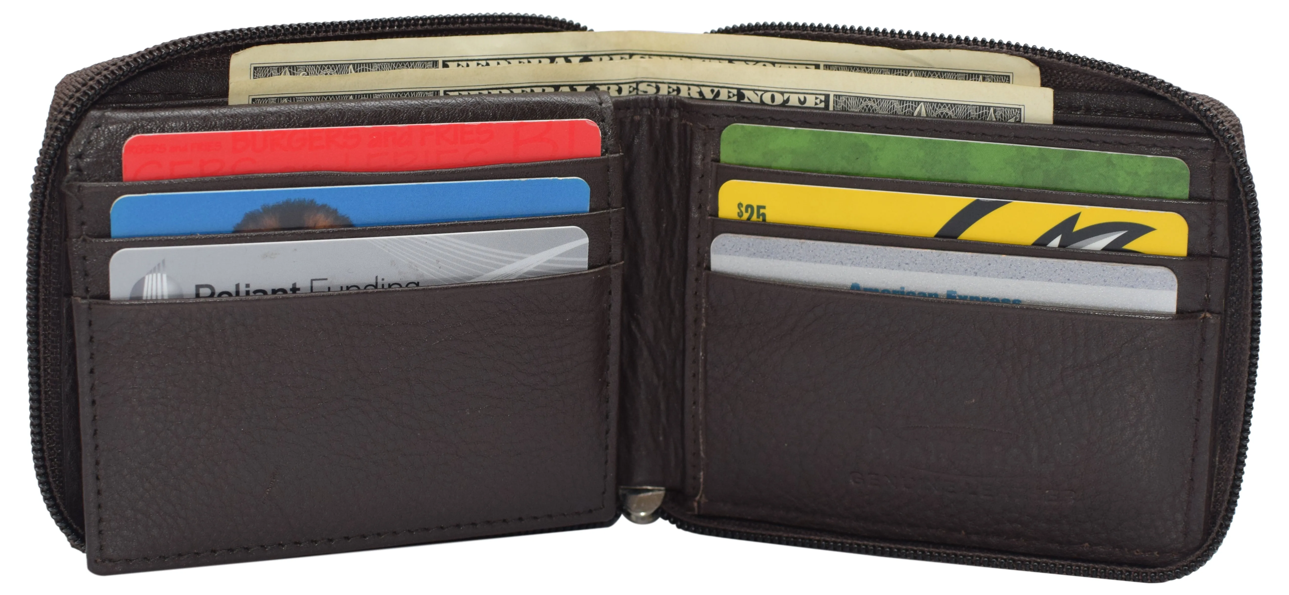 RFID Blocking Mens Zip Around Wallet Cowhide Leather Zipper Bifold