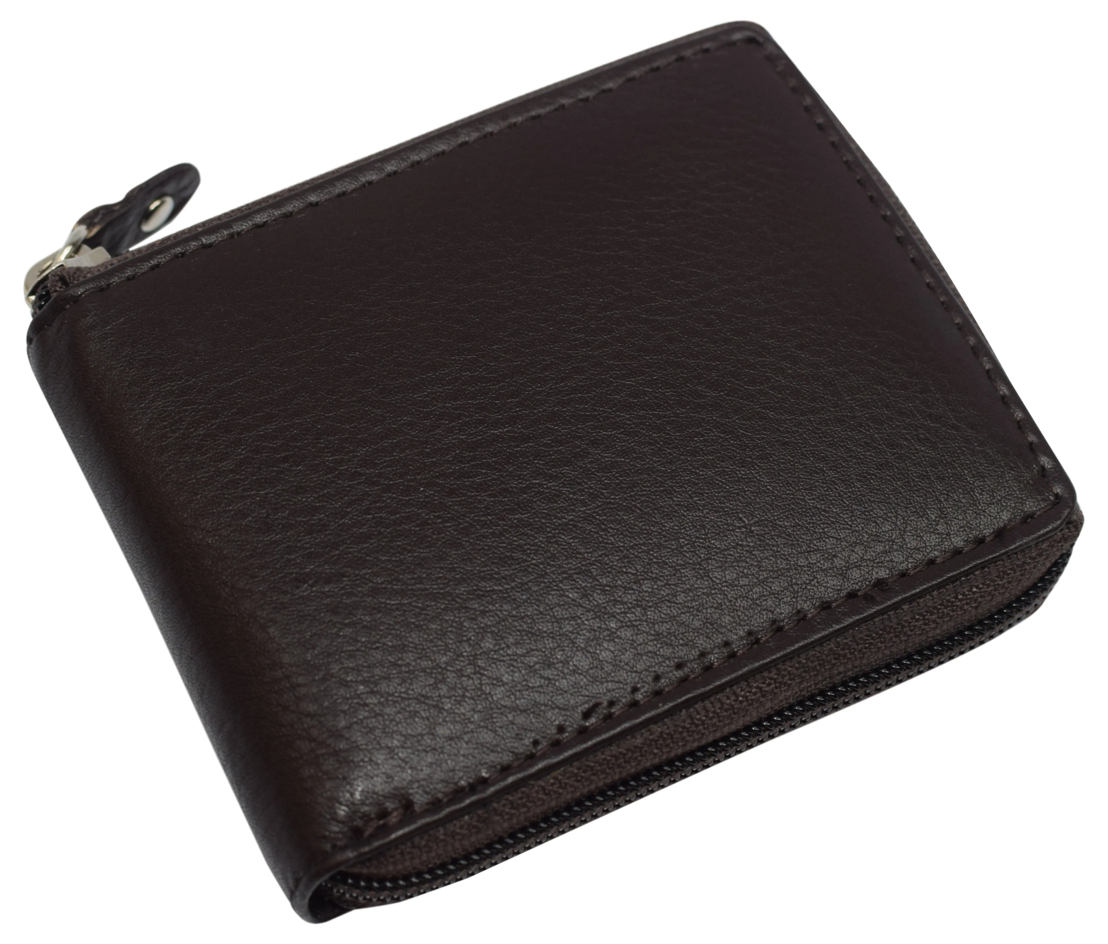 RFID Blocking Mens Zip Around Wallet Cowhide Leather Zipper Bifold