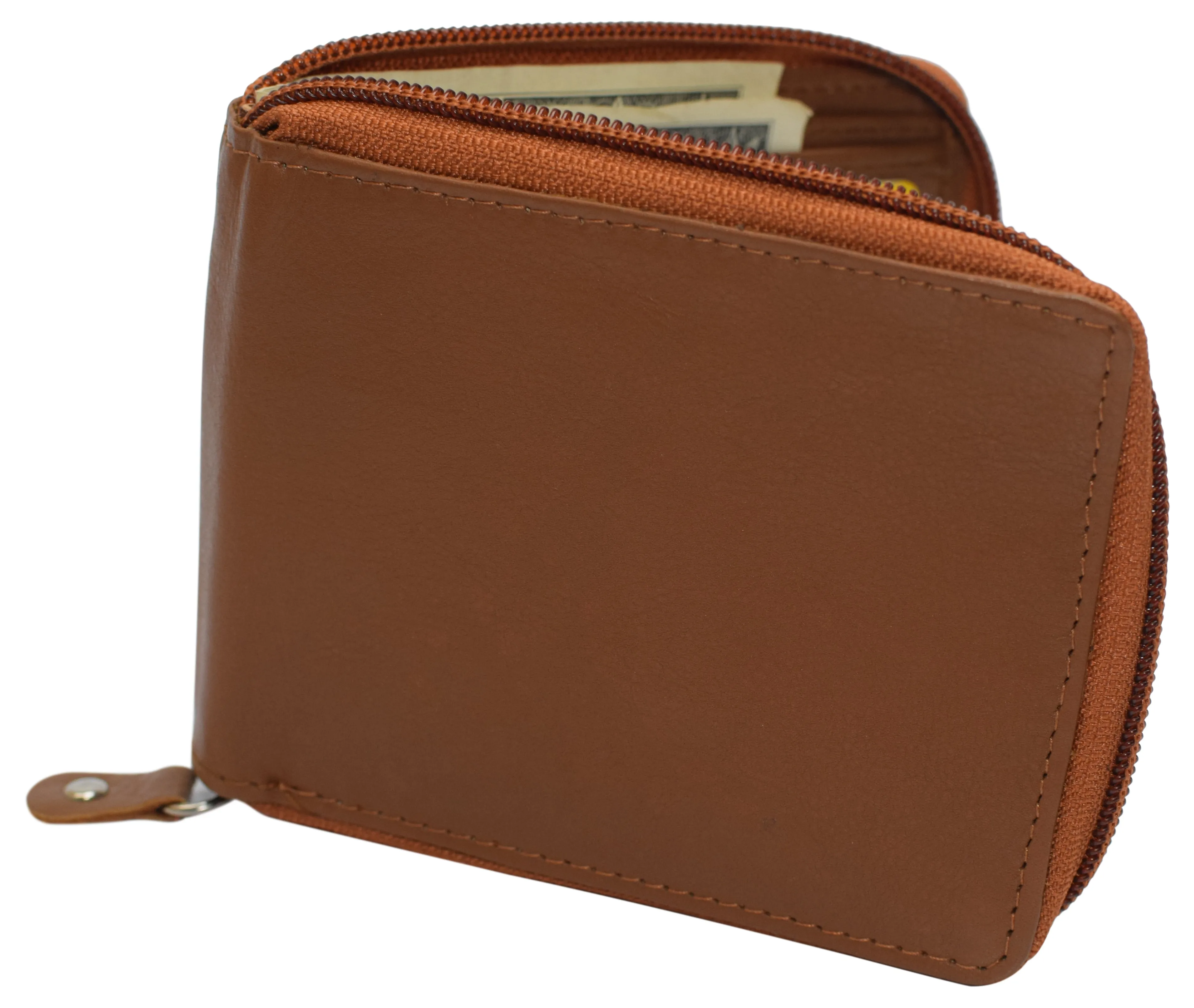 RFID Blocking Mens Zip Around Wallet Cowhide Leather Zipper Bifold