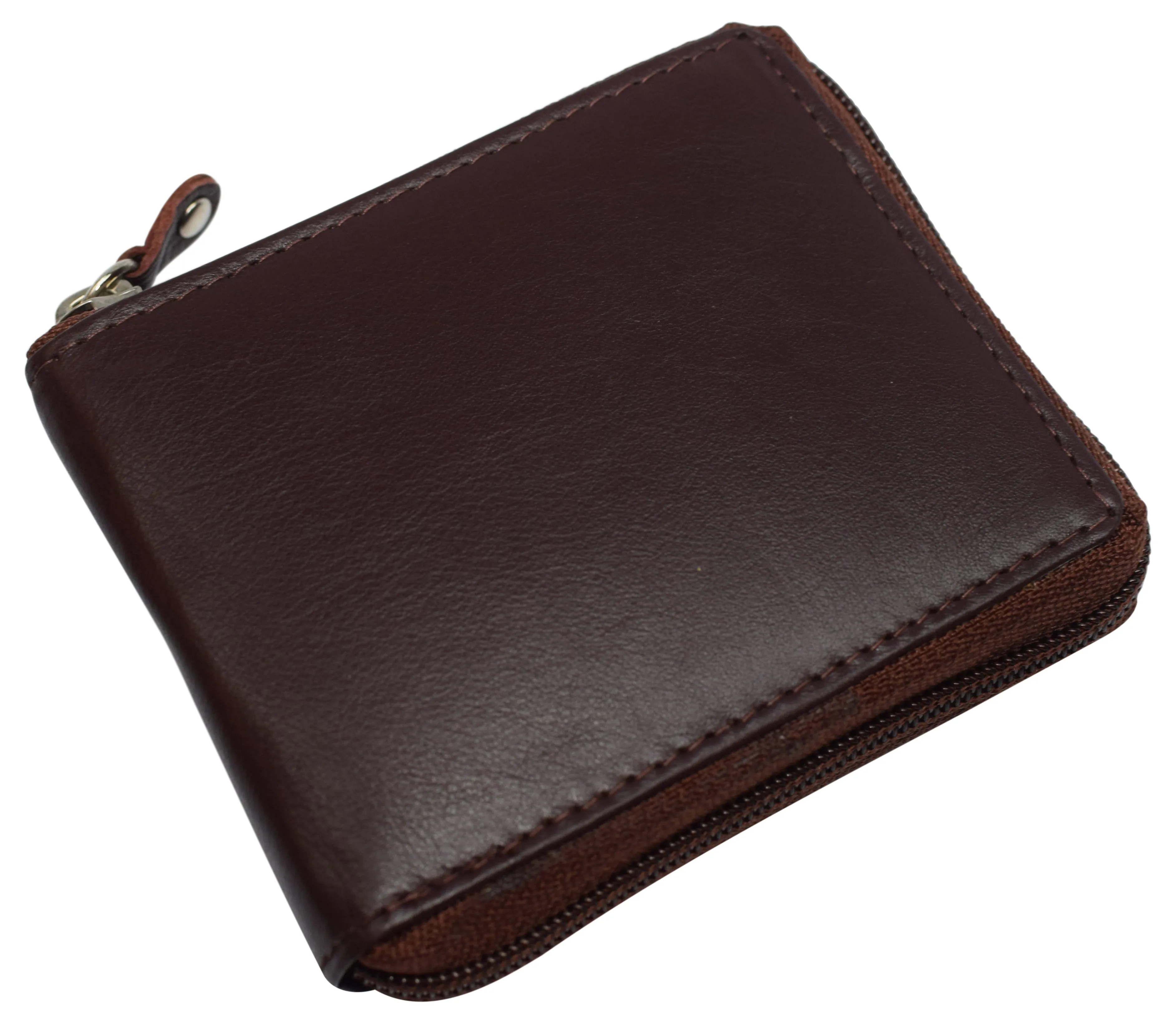 RFID Blocking Mens Zip Around Wallet Cowhide Leather Zipper Bifold