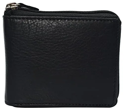 RFID Blocking Mens Zip Around Wallet Cowhide Leather Zipper Bifold