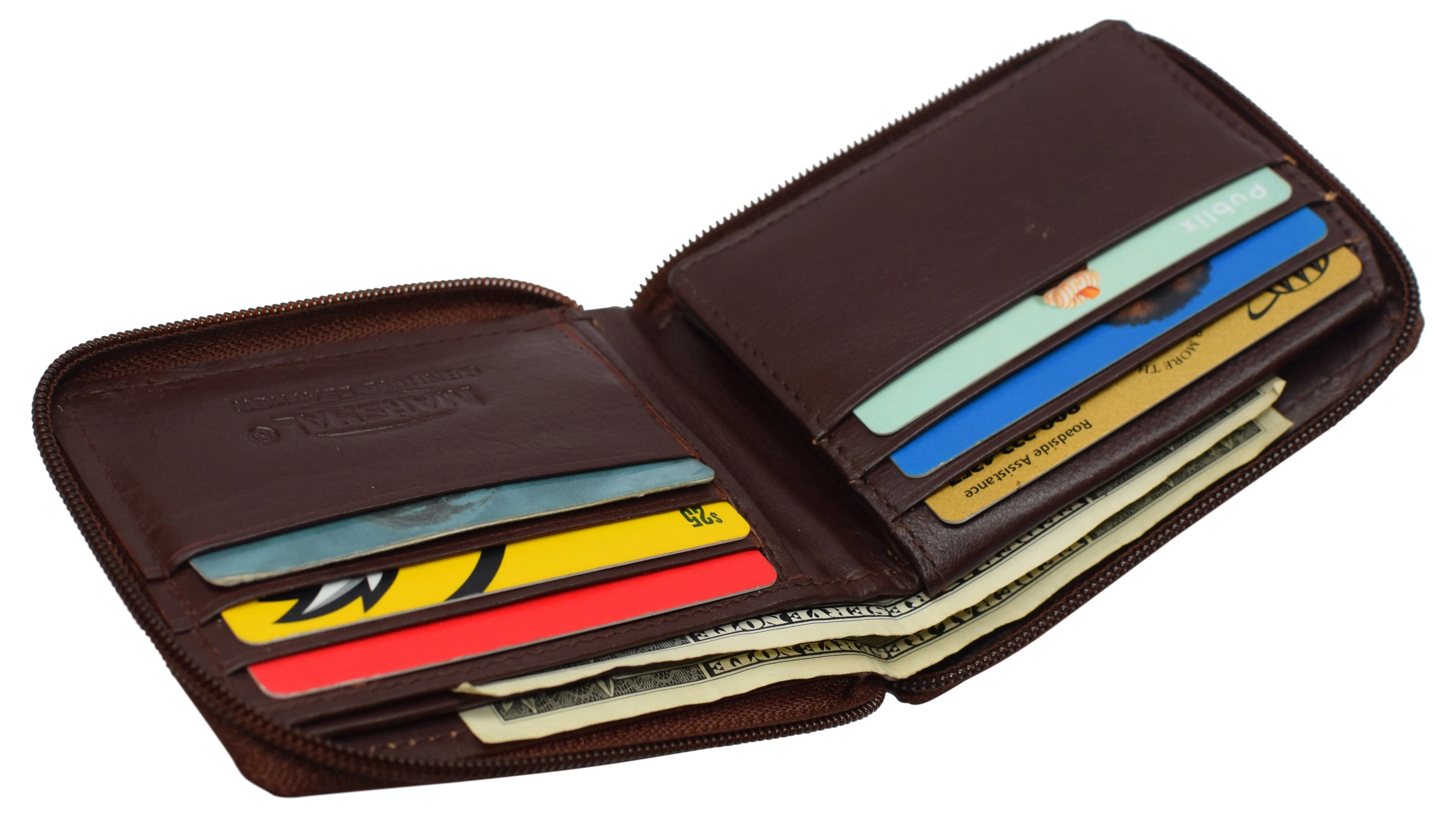 RFID Blocking Mens Zip Around Wallet Cowhide Leather Zipper Bifold