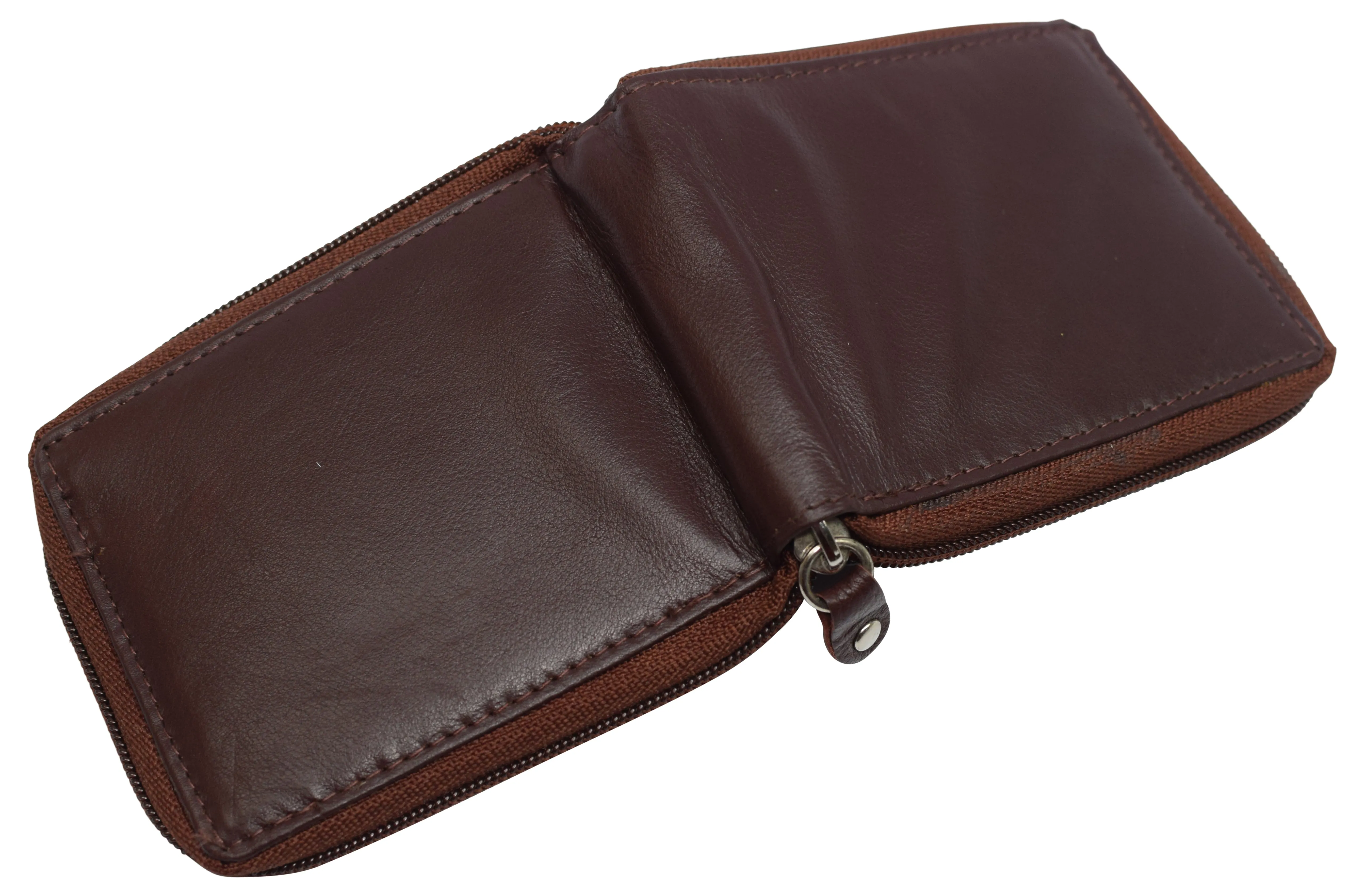 RFID Blocking Mens Zip Around Wallet Cowhide Leather Zipper Bifold