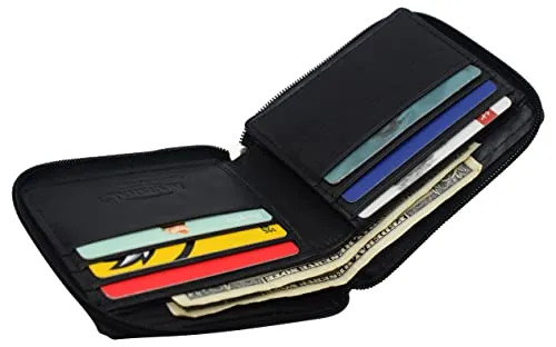 RFID Blocking Mens Zip Around Wallet Cowhide Leather Zipper Bifold