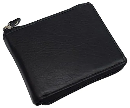 RFID Blocking Mens Zip Around Wallet Cowhide Leather Zipper Bifold