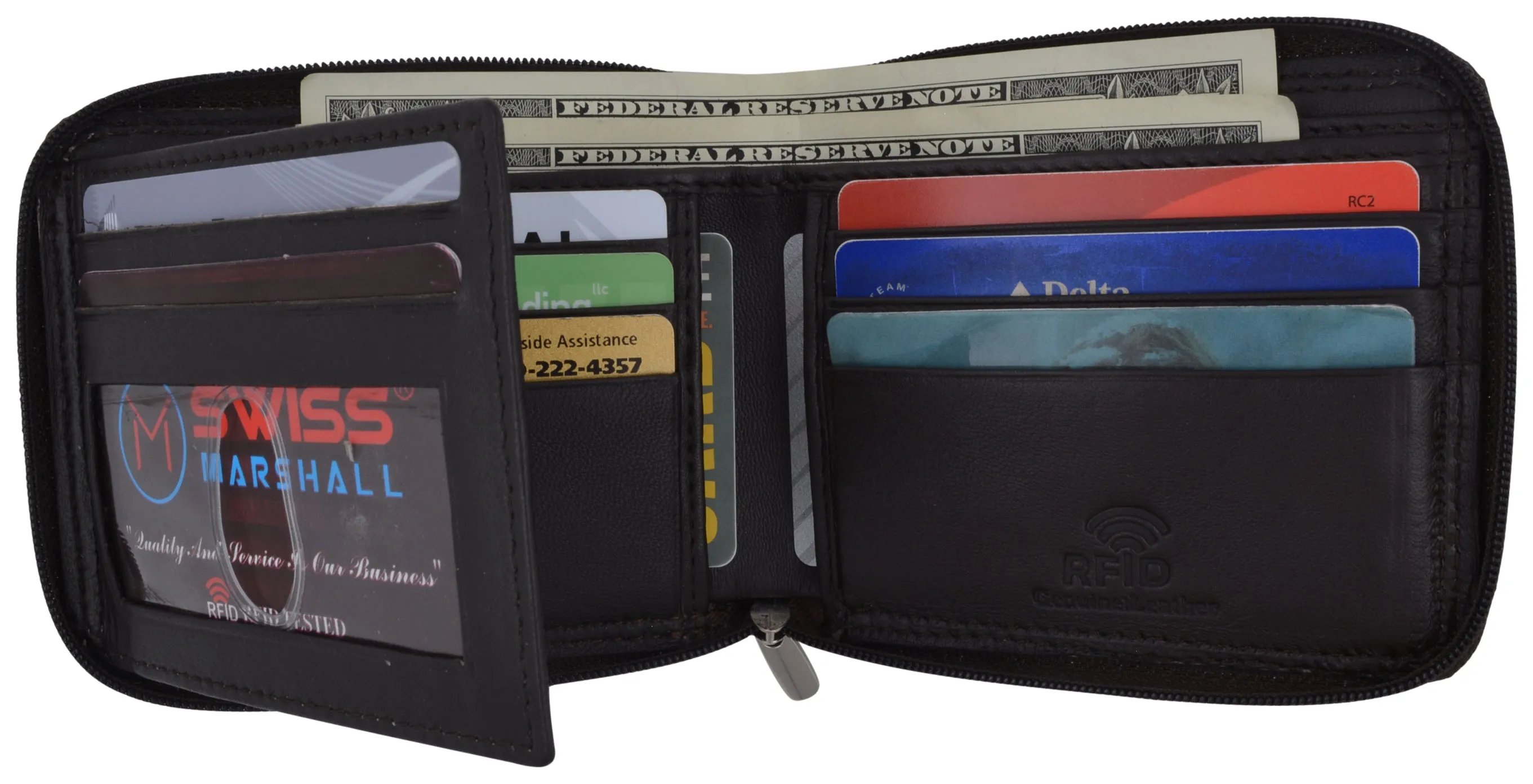 RFID Blocking Mens Zipper Trifold Real Leather Wallet