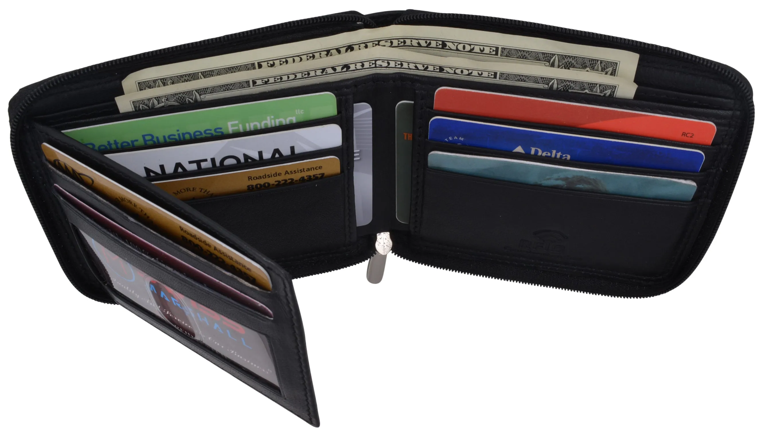 RFID Blocking Mens Zipper Trifold Real Leather Wallet