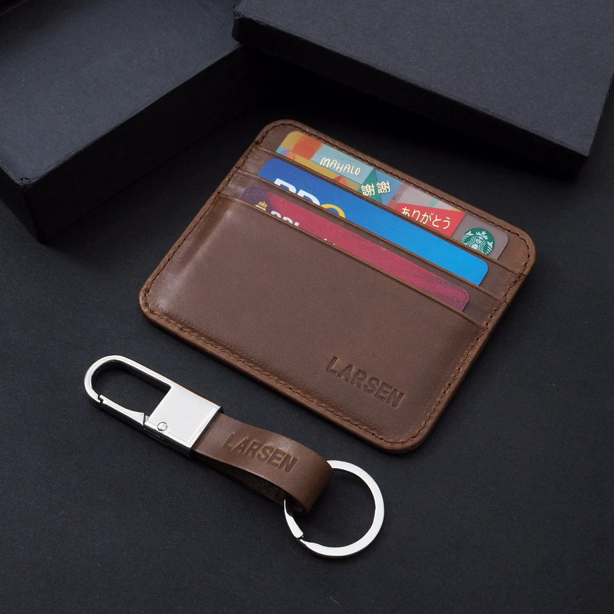 Slim Leather Card Case   Keyfob (6 cards - Ochre Brown)