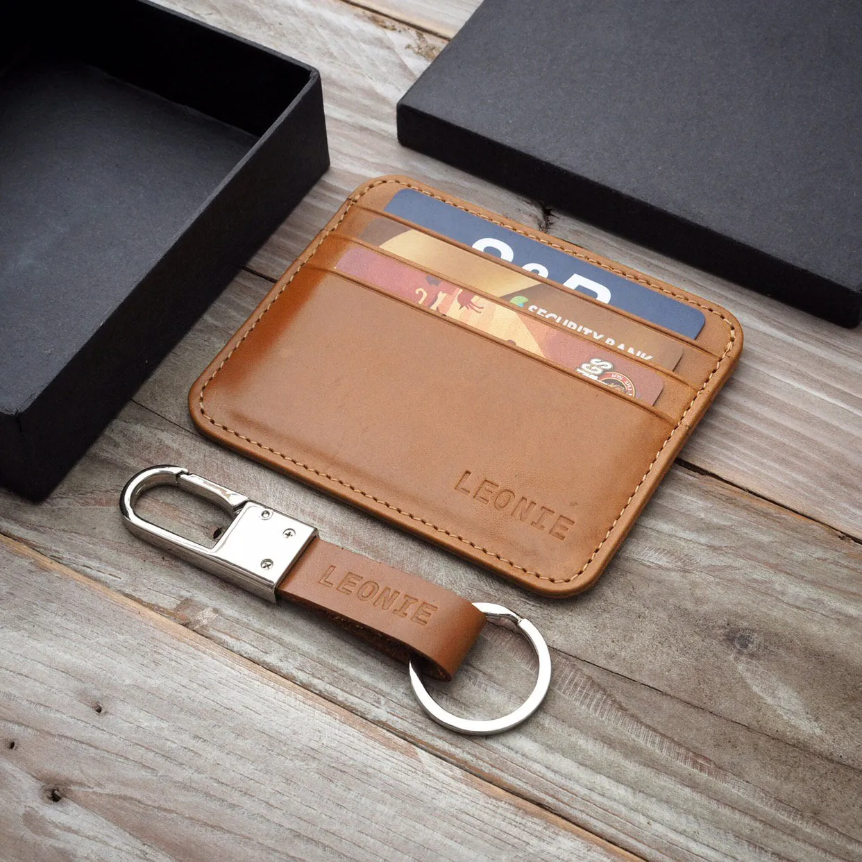 Slim Leather Card Case   Keyfob (6 cards - Ochre Brown)