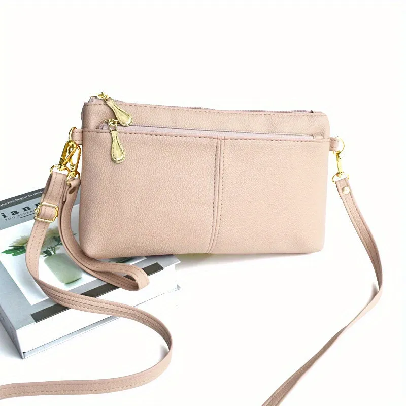 Stylish Square Wristlet Crossbody Bag for Women - Removable Strap, Double Zipper Closure, Polyester Lining, PU Material, Coin and Phone Storage - Solid Color, No Pattern, Compact and Fashionable