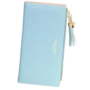 SUMGOGO Wallets for Women Slim Clutch Purse Handbag Card Holder Womens Long Tassel Zipper Pocket Fashion Taiga Leather Billfold Wallet (Blue)