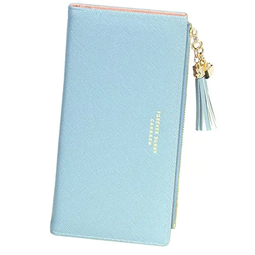 SUMGOGO Wallets for Women Slim Clutch Purse Handbag Card Holder Womens Long Tassel Zipper Pocket Fashion Taiga Leather Billfold Wallet (Blue)