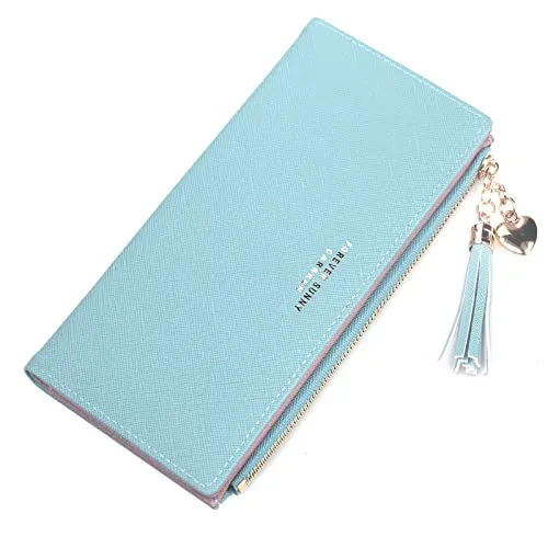 SUMGOGO Wallets for Women Slim Clutch Purse Handbag Card Holder Womens Long Tassel Zipper Pocket Fashion Taiga Leather Billfold Wallet (Blue)