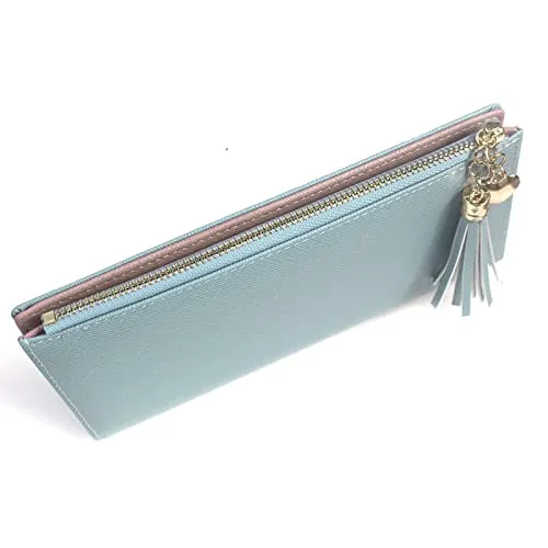 SUMGOGO Wallets for Women Slim Clutch Purse Handbag Card Holder Womens Long Tassel Zipper Pocket Fashion Taiga Leather Billfold Wallet (Blue)