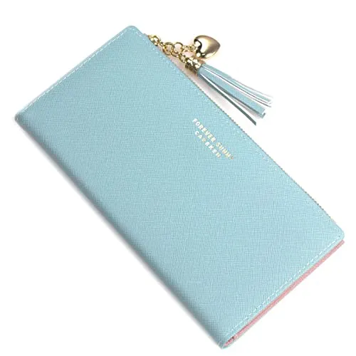 SUMGOGO Wallets for Women Slim Clutch Purse Handbag Card Holder Womens Long Tassel Zipper Pocket Fashion Taiga Leather Billfold Wallet (Blue)