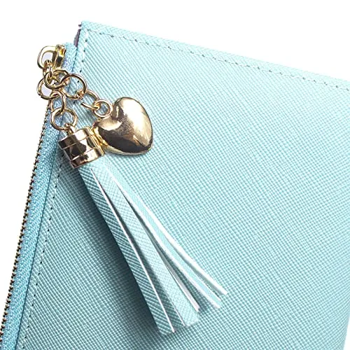 SUMGOGO Wallets for Women Slim Clutch Purse Handbag Card Holder Womens Long Tassel Zipper Pocket Fashion Taiga Leather Billfold Wallet (Blue)