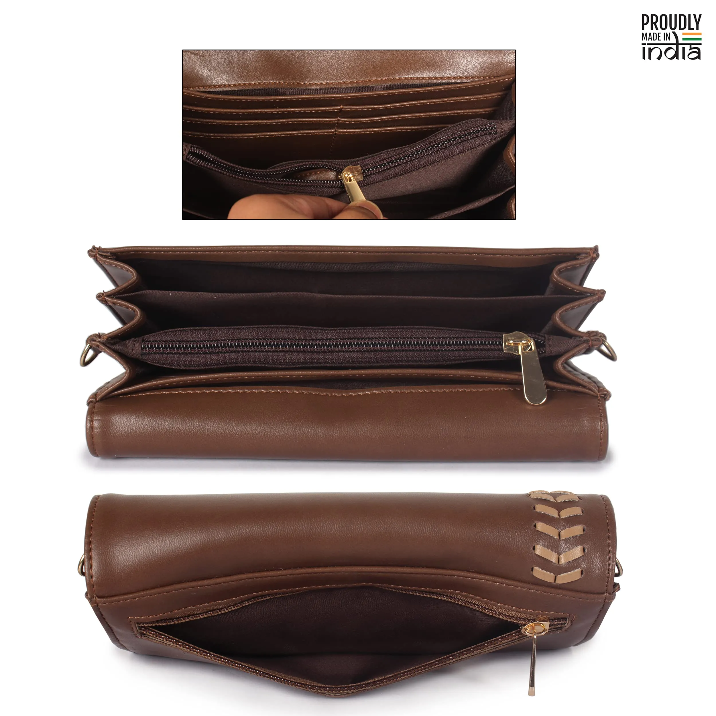 THE CLOWNFISH Myra Collection Womens Wallet Clutch Ladies Purse Sling Bag with Card slots (Brown)